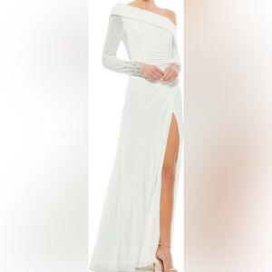 Mac Duggal White One-Shoulder Gown with Embellished Cuffs